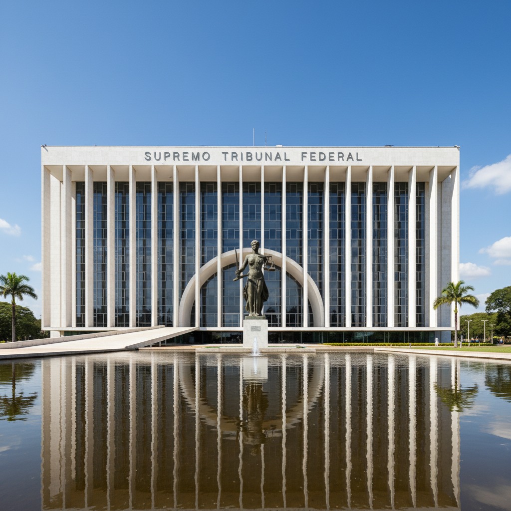 Fachada do edifício do Supremo Tribunal Federal em Brasília, com a estátua da Justiça em primeiro plano e seu reflexo no espelho d'água.